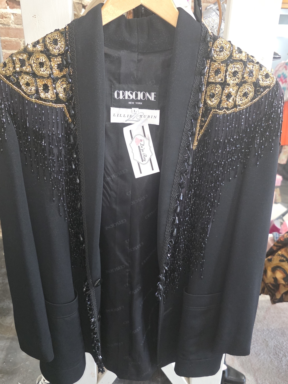 Lillie Rubin Black Open-Front Jacket with Gold Beaded Shoulders and Fringe